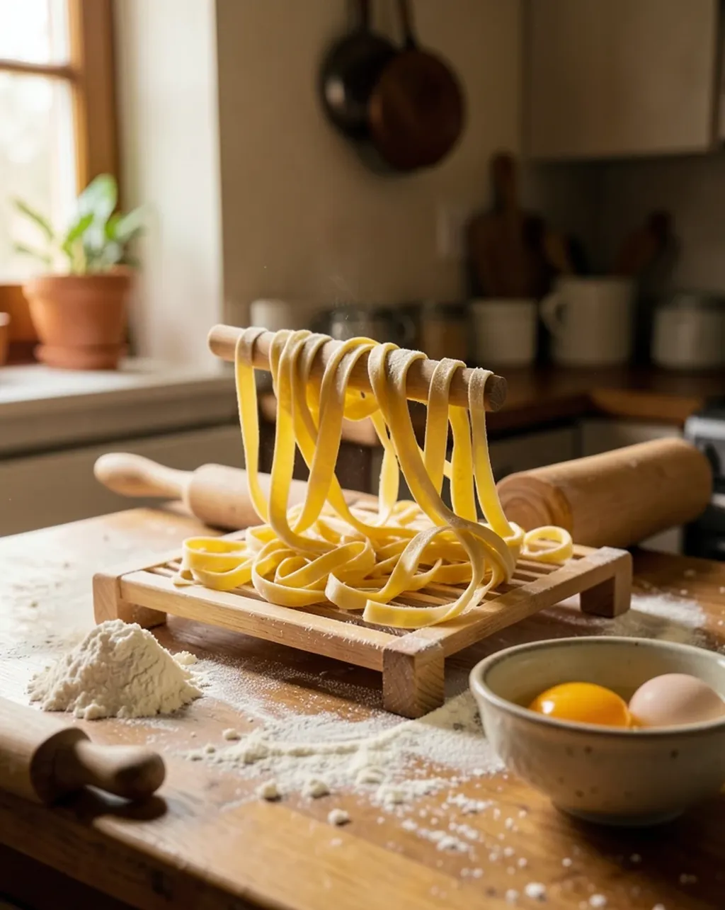 Fresh fettuccine drying on a wooden rack with flour, rolling pin, and egg yolks on a counter