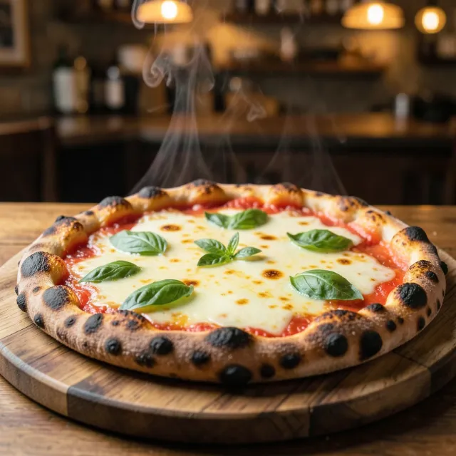 Fresh margherita pizza on wooden peel with melted mozzarella, basil, and rising steam