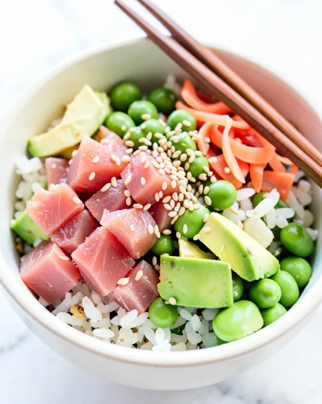 Vibrant poke bowl with tuna, sushi rice, avocado, edamame, pickled ginger, sesame seeds, and chopsticks