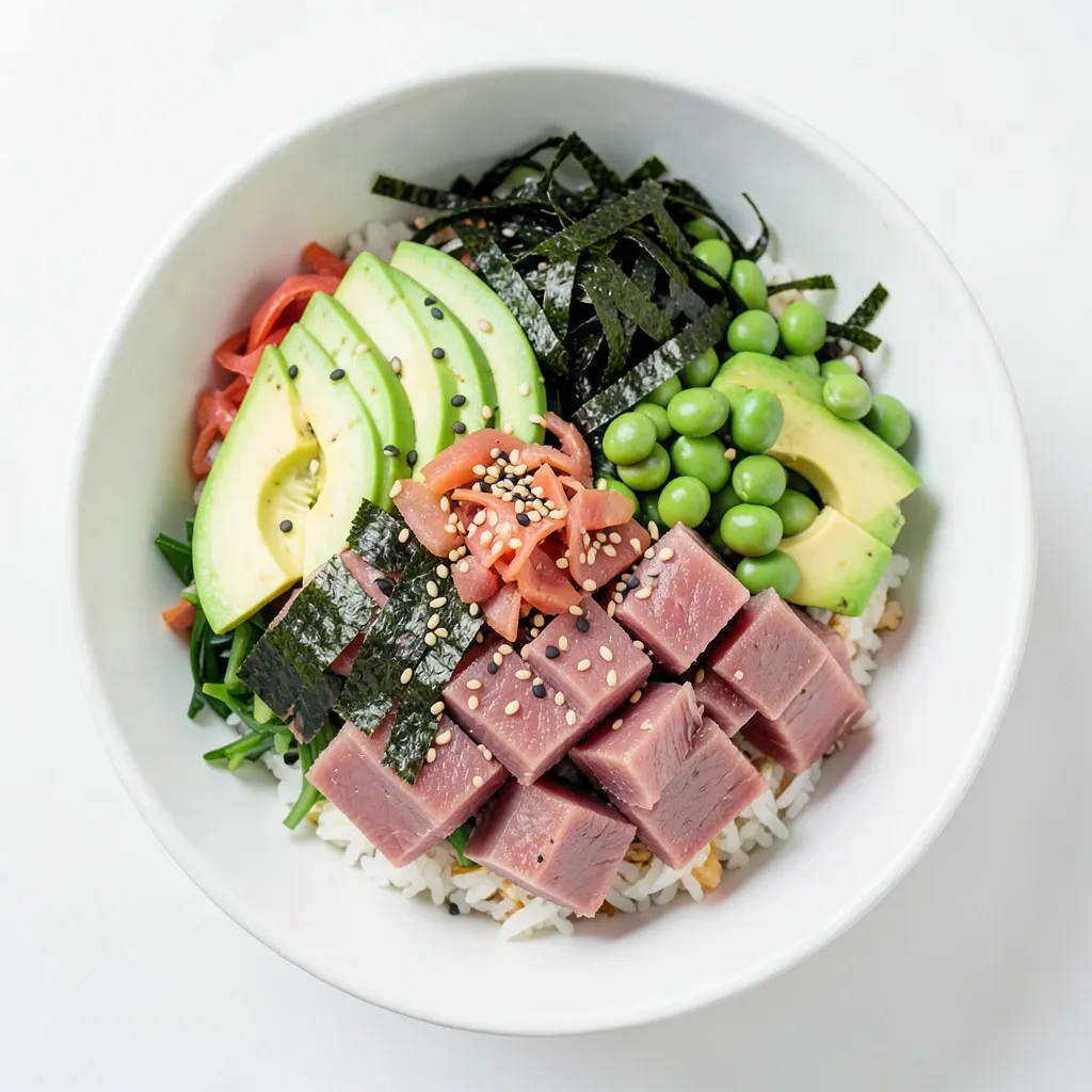 Fresh poke bowl overhead with tuna, avocado, edamame, pickled ginger, and nori strips