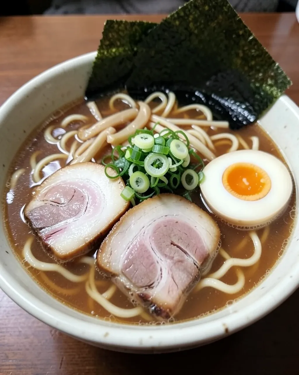 Ramen bowl with rich broth, wavy noodles, chashu pork, soft boiled egg, green onion, and nori