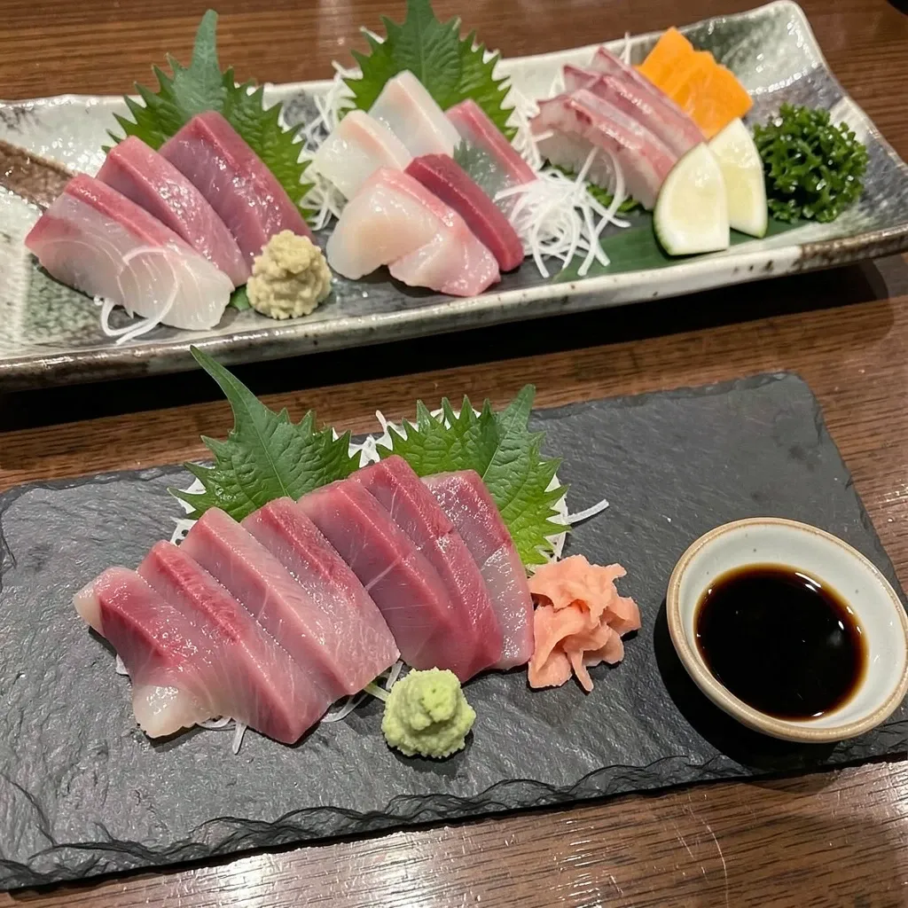 Overhead view of fresh sashimi platter on dark slate with wasabi, ginger, and shiso leaves