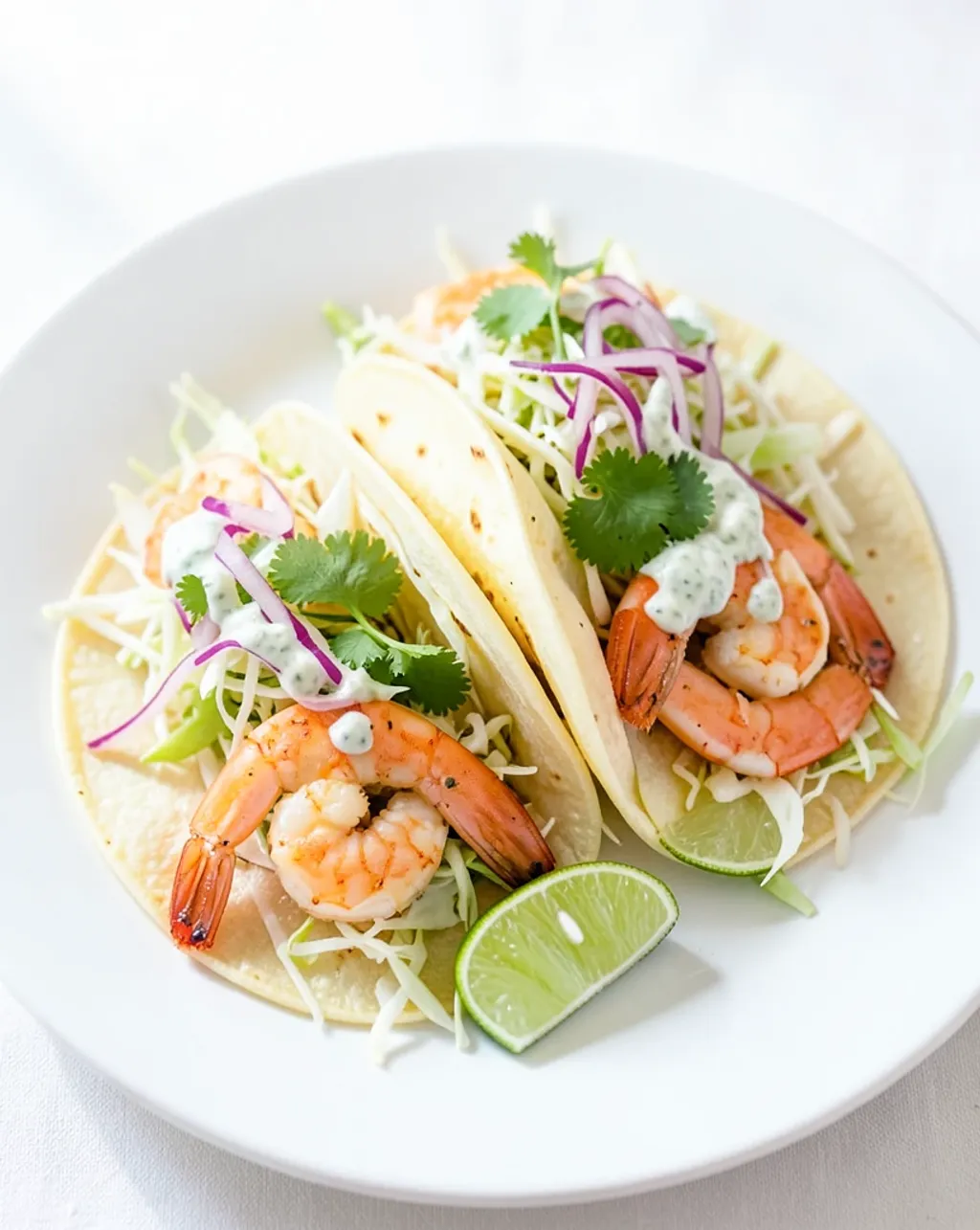 Two open shrimp tacos with shredded cabbage, lime crema, cilantro, pickled red onion, and lime wedges