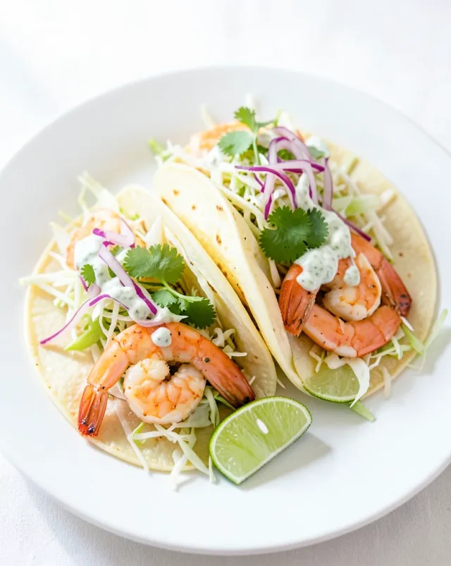 Two open shrimp tacos with shredded cabbage, lime crema, cilantro, pickled red onion, and lime wedges