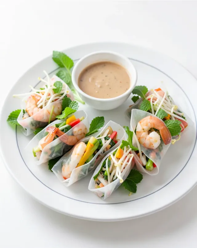 Fresh rice paper spring rolls filled with shrimp, mint, vermicelli, and vegetables with peanut dipping sauce