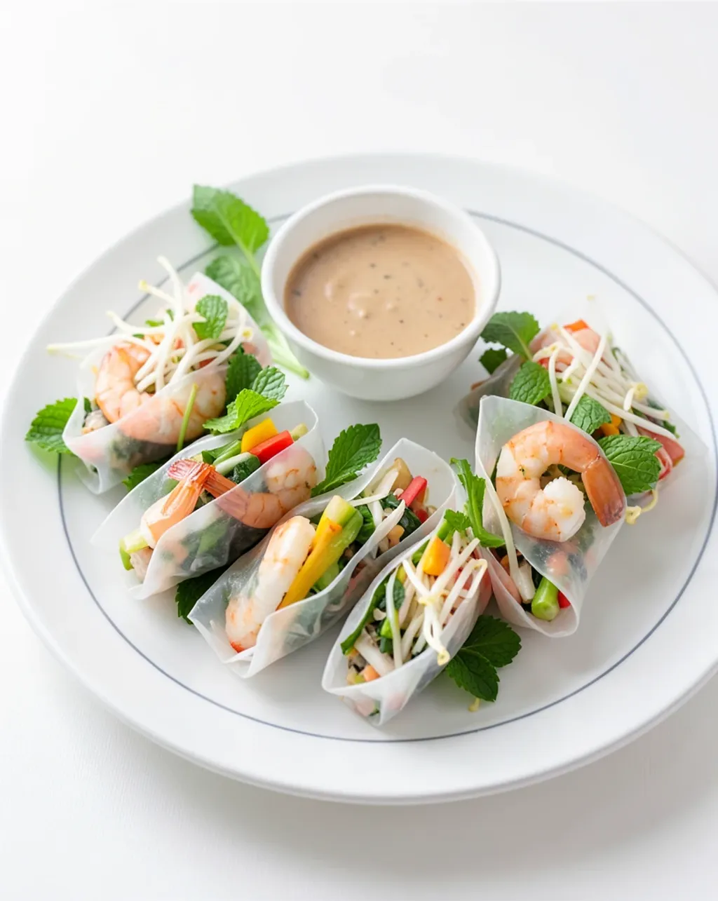 Fresh rice paper spring rolls filled with shrimp, mint, vermicelli, and vegetables with peanut dipping sauce