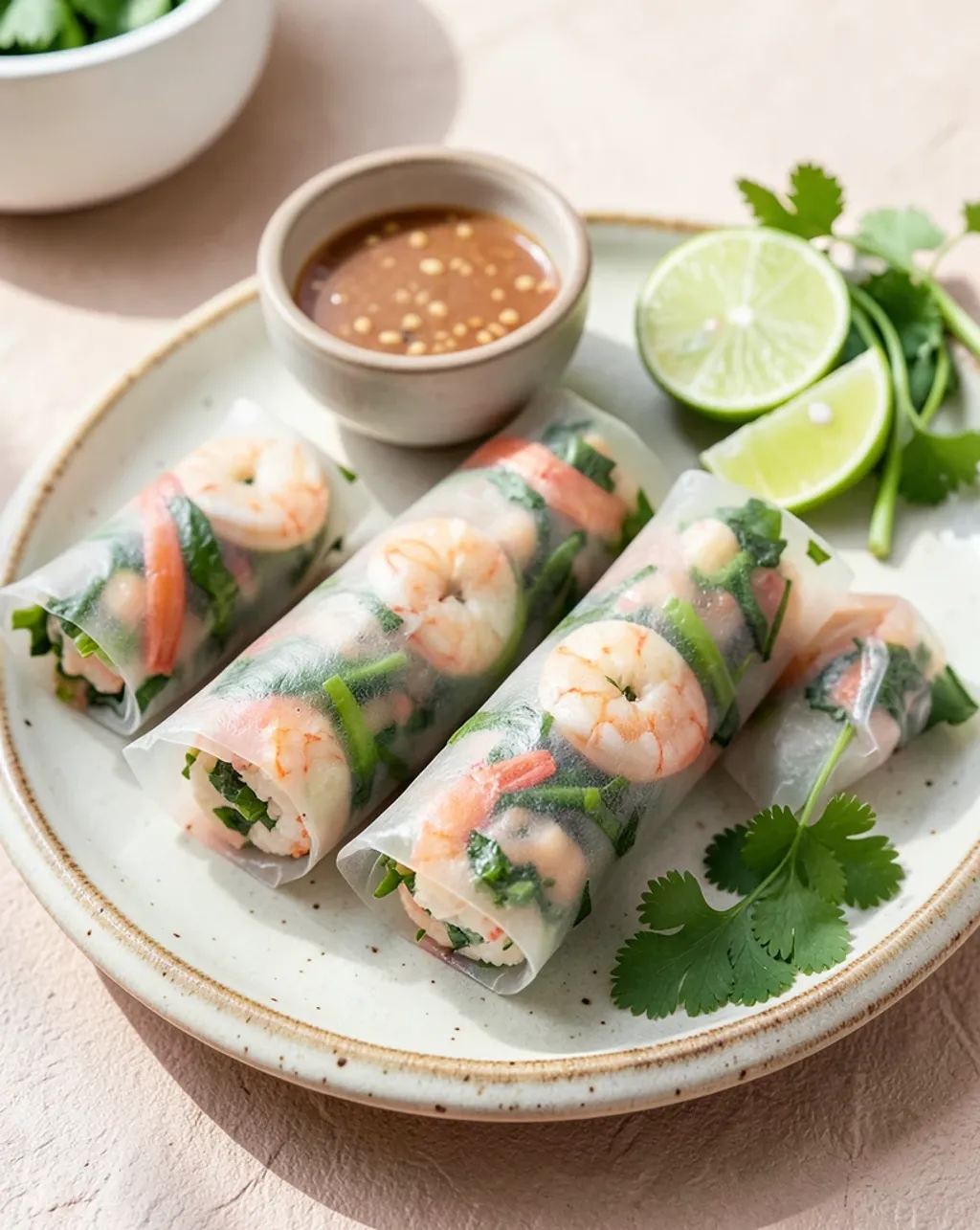 Fresh Vietnamese spring rolls with shrimp and herbs visible through rice paper and peanut sauce