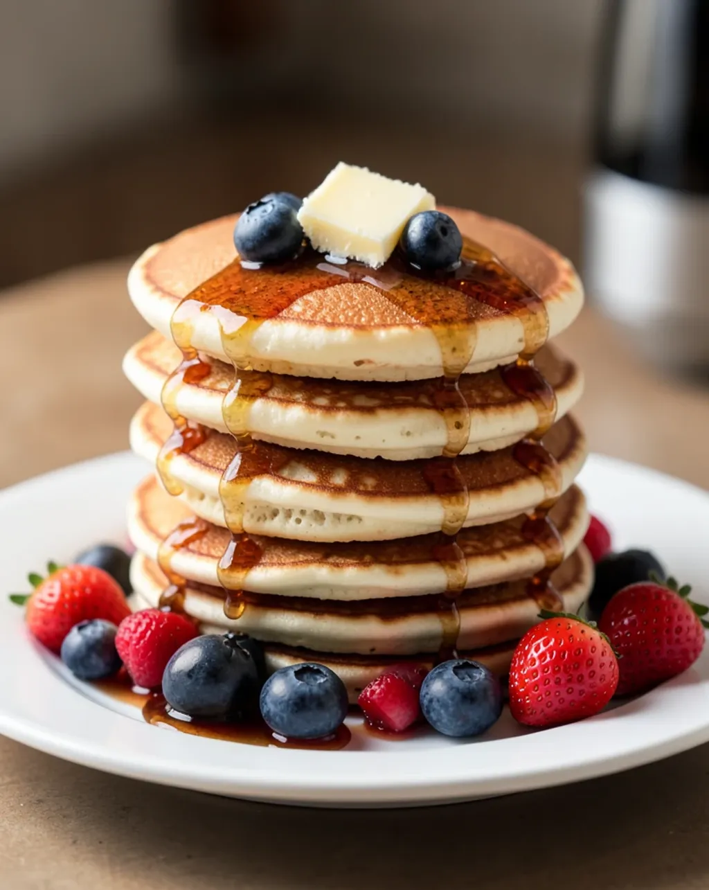 Tall stack of fluffy pancakes with maple syrup, blueberries, strawberries, and butter on a white plate