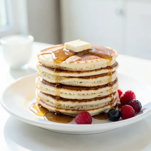 Tall stack of fluffy pancakes with melting butter, maple syrup, and fresh berries