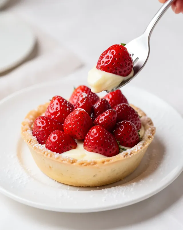 Fresh glazed strawberry tart with custard in a pastry shell and a forkful lifted on a plate