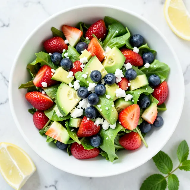 Overhead view of fresh summer berry salad with strawberries, blueberries, avocado, cucumber, and feta