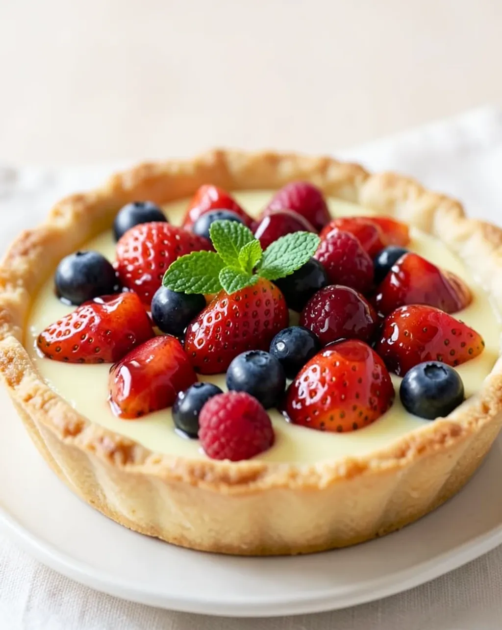 Golden pastry berry tart with custard, strawberries, blueberries, raspberries, glaze, and mint leaf