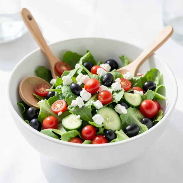 Large white bowl of fresh summer salad with greens, tomatoes, cucumber, feta, and olives