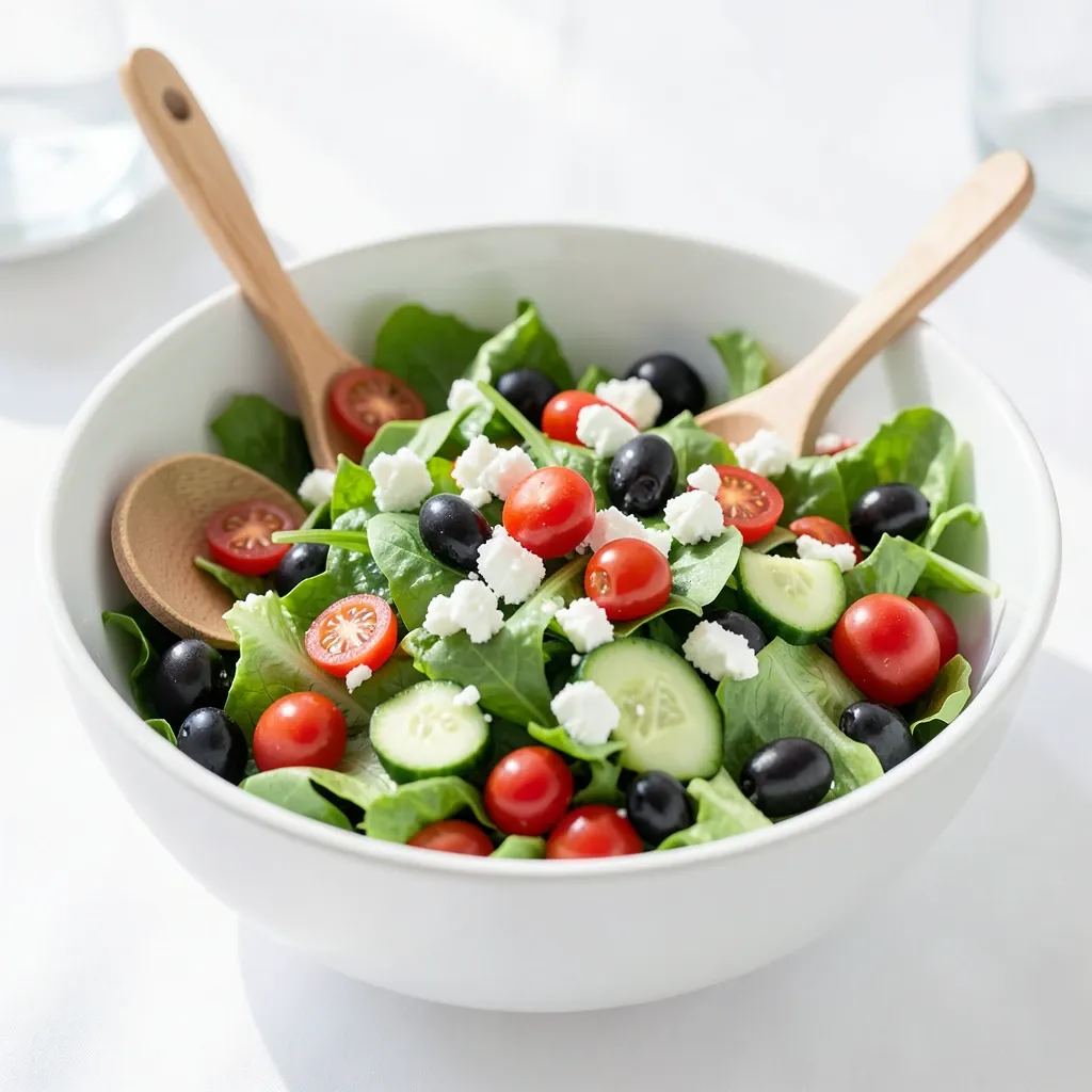 Large white bowl of fresh summer salad with greens, tomatoes, cucumber, feta, and olives