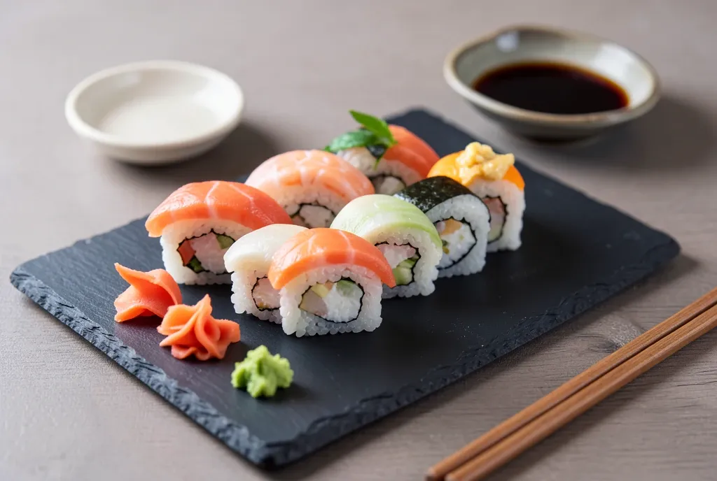 Fresh assorted sushi nigiri and maki rolls on a dark slate board with ginger, wasabi, and soy sauce
