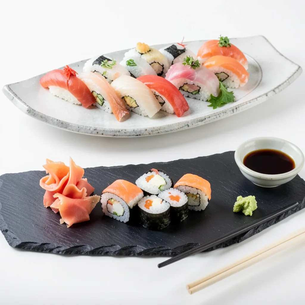 Overhead view of assorted sushi nigiri and maki rolls on dark slate with ginger, wasabi, and chopsticks