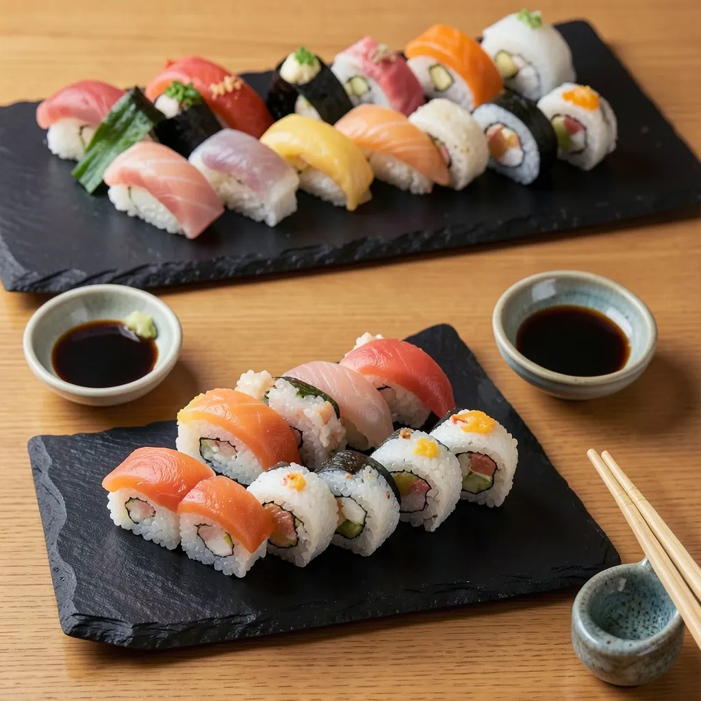 Overhead shot of assorted sushi nigiri and maki on a black slate platter with soy sauce and ginger