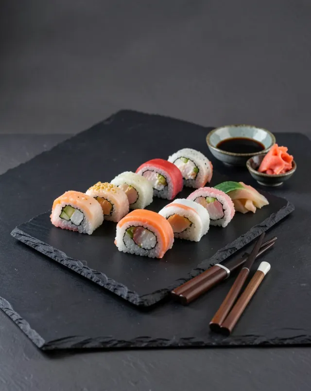 Assorted nigiri and maki sushi arranged on black slate with soy sauce, ginger, and chopsticks in soft light
