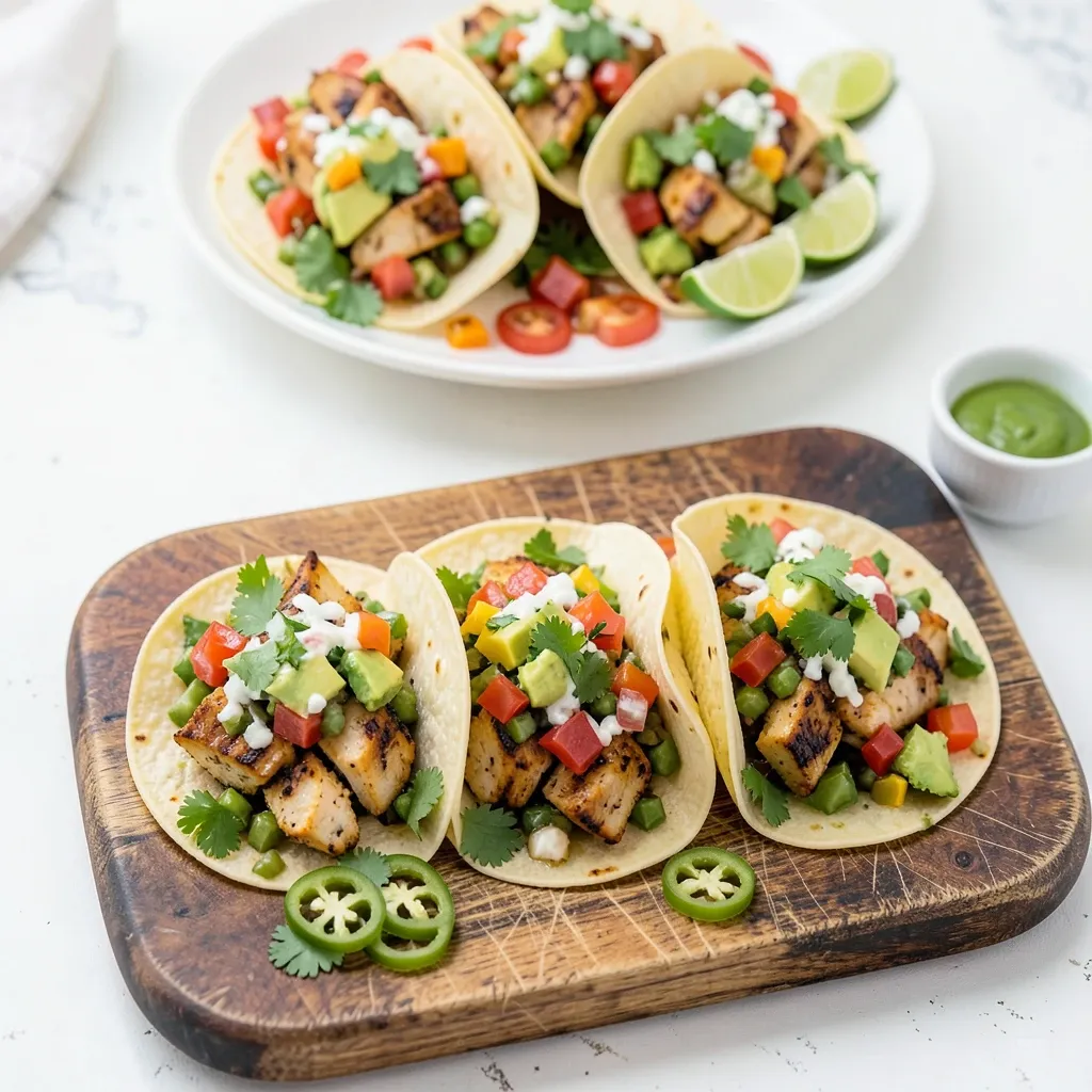 Overhead view of three open tacos with chicken, salsa, avocado, lime, and cilantro on wooden board