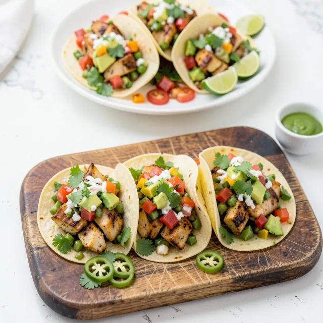 Overhead view of three open tacos with chicken, salsa, avocado, lime, and cilantro on wooden board