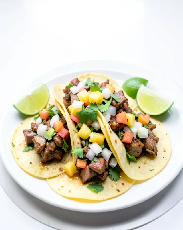 Three corn tortillas with marinated pork, pineapple, onion, cilantro, and lime wedges