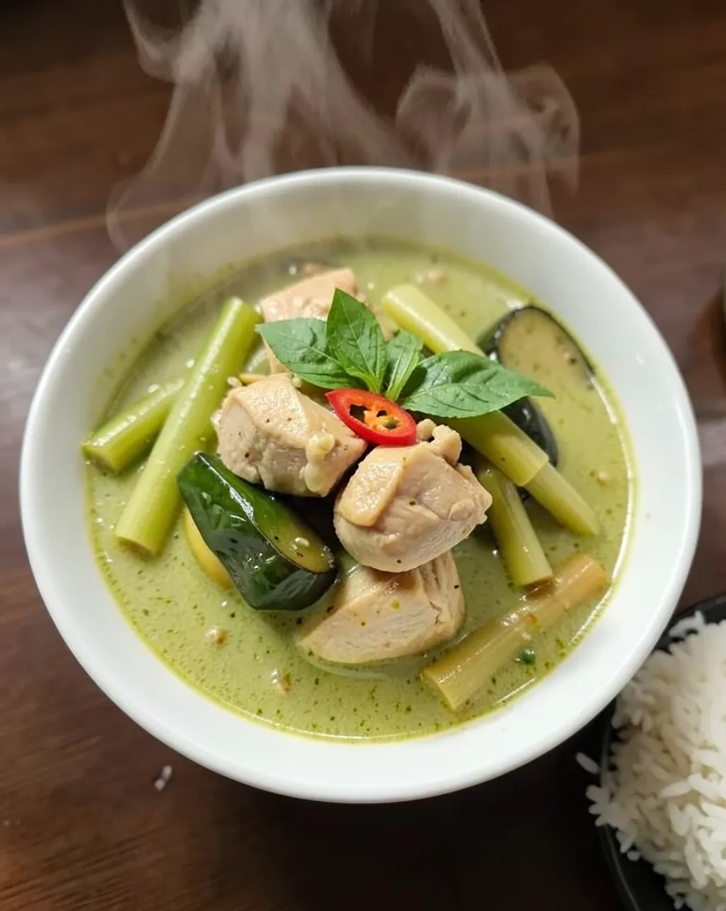 Steaming bowl of Thai green curry with chicken, eggplant, bamboo shoots, basil, chili, and jasmine rice