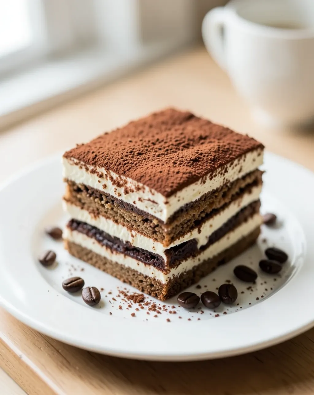 Layered tiramisu slice showing espresso-soaked ladyfingers and mascarpone cream dusted with cocoa