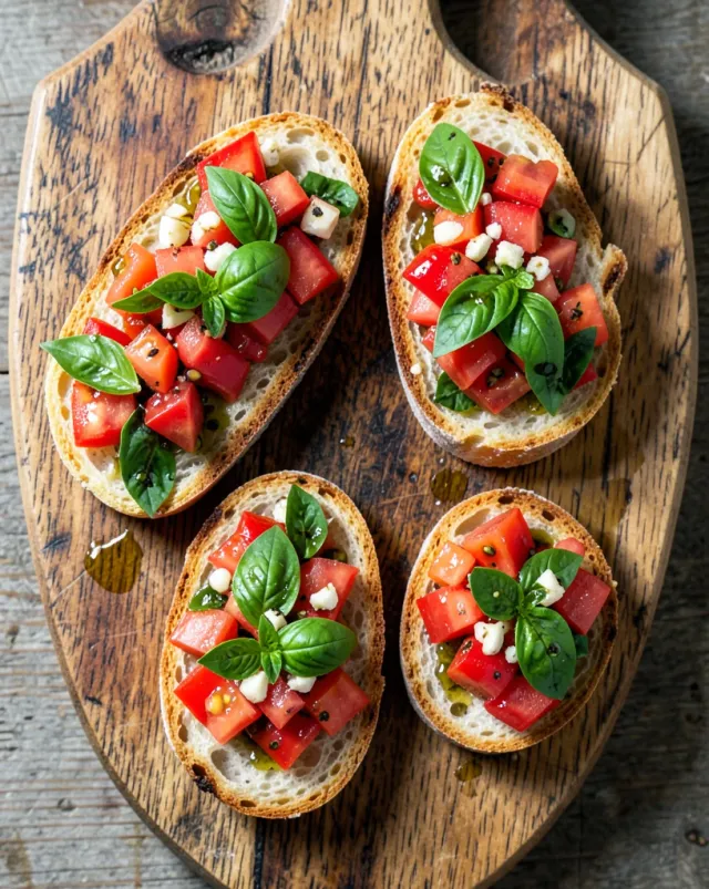 Toasted baguette bruschetta topped with diced tomatoes, basil, garlic, and olive oil on a rustic wooden board