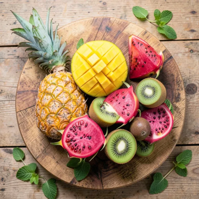 Overhead view of colorful tropical fruit platter with pineapple, mango, dragon fruit, kiwi, and passion fruit
