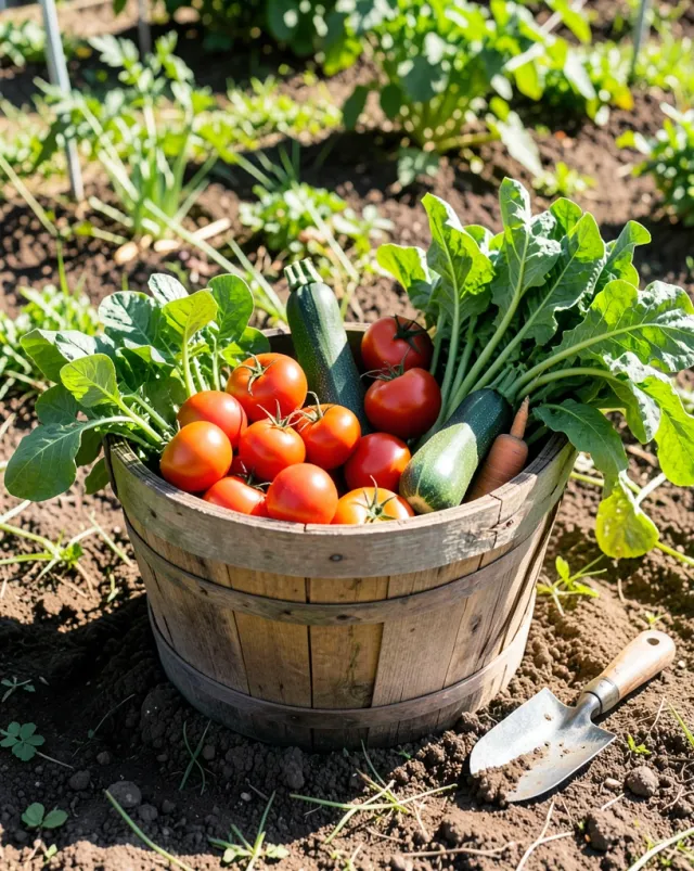 Wooden basket overflowing with freshly picked tomatoes, zucchini, carrots, and greens from a garden