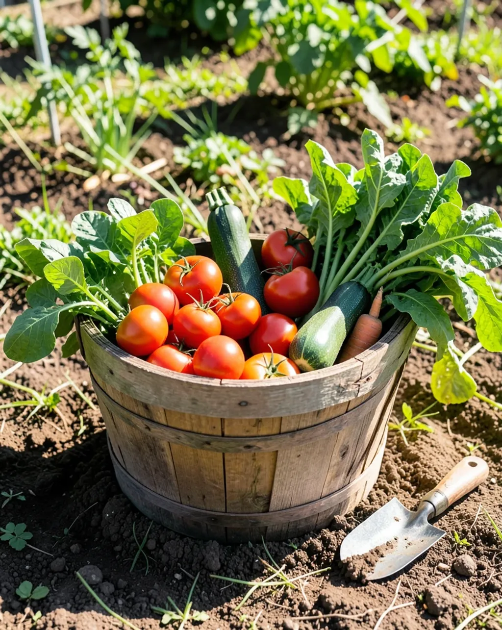 Wooden basket overflowing with freshly picked tomatoes, zucchini, carrots, and greens from a garden
