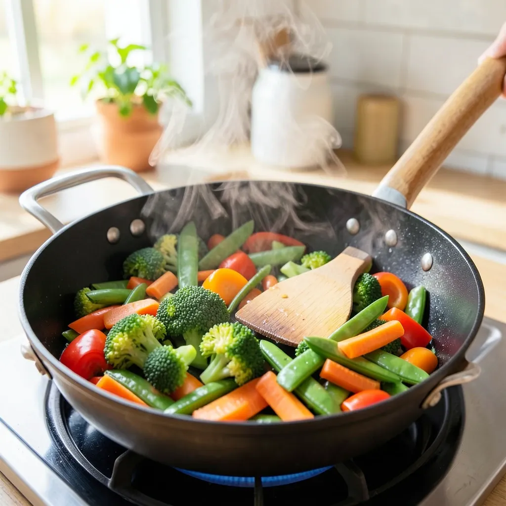 Colorful mixed vegetables cooking in a hot wok with steam rising and wooden spatula