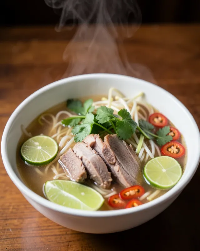 Steaming bowl of beef pho with rice noodles, sliced beef, herbs, bean sprouts, lime, and chili slices