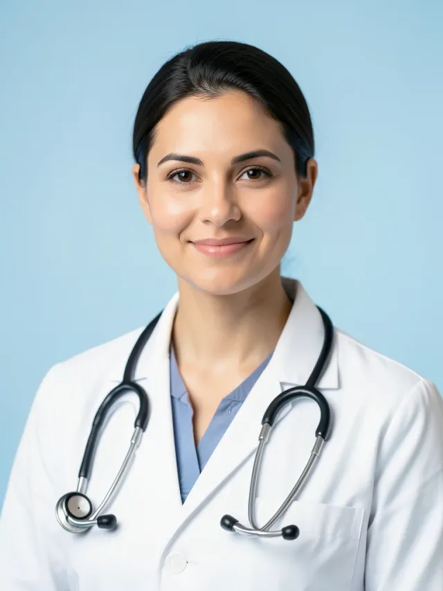 Photorealistic headshot of a smiling doctor in a white coat with a stethoscope on light blue