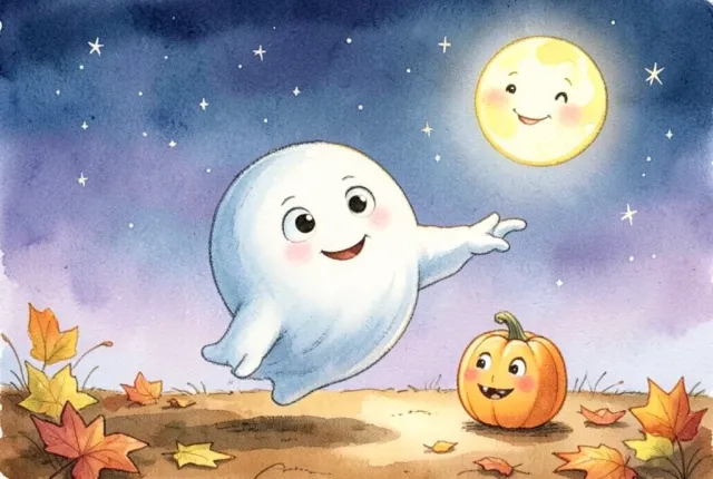 Children's book illustration of a small friendly ghost with big eyes floating above autumn leaves and a pumpkin