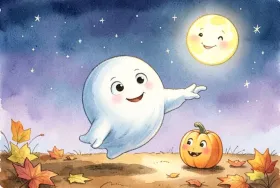 Children's book illustration of a small friendly ghost with big eyes floating above autumn leaves and a pumpkin