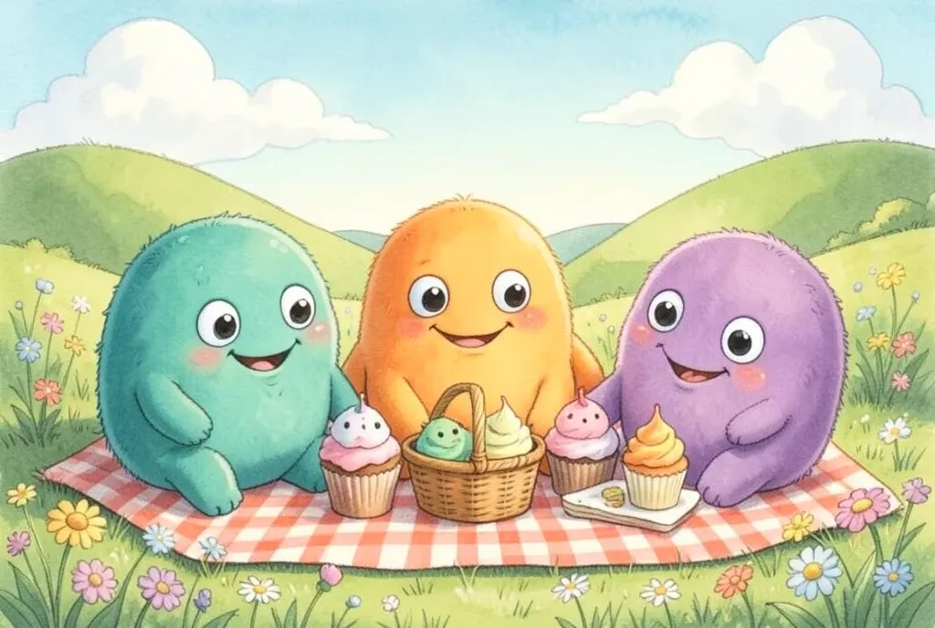 Colorful round friendly monsters sharing a picnic on a blanket in a sunny wildflower meadow, watercolor style