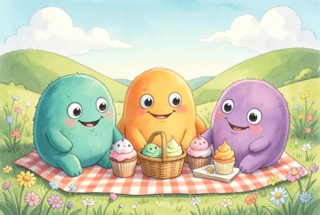 Colorful round friendly monsters sharing a picnic on a blanket in a sunny wildflower meadow, watercolor style