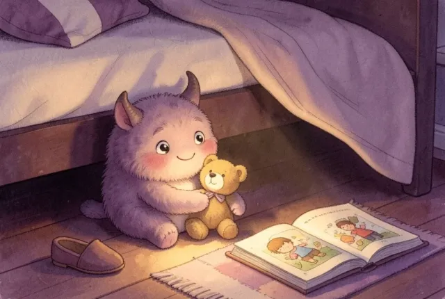 Picture book illustration of a small purple monster under a bed holding out a lost teddy bear