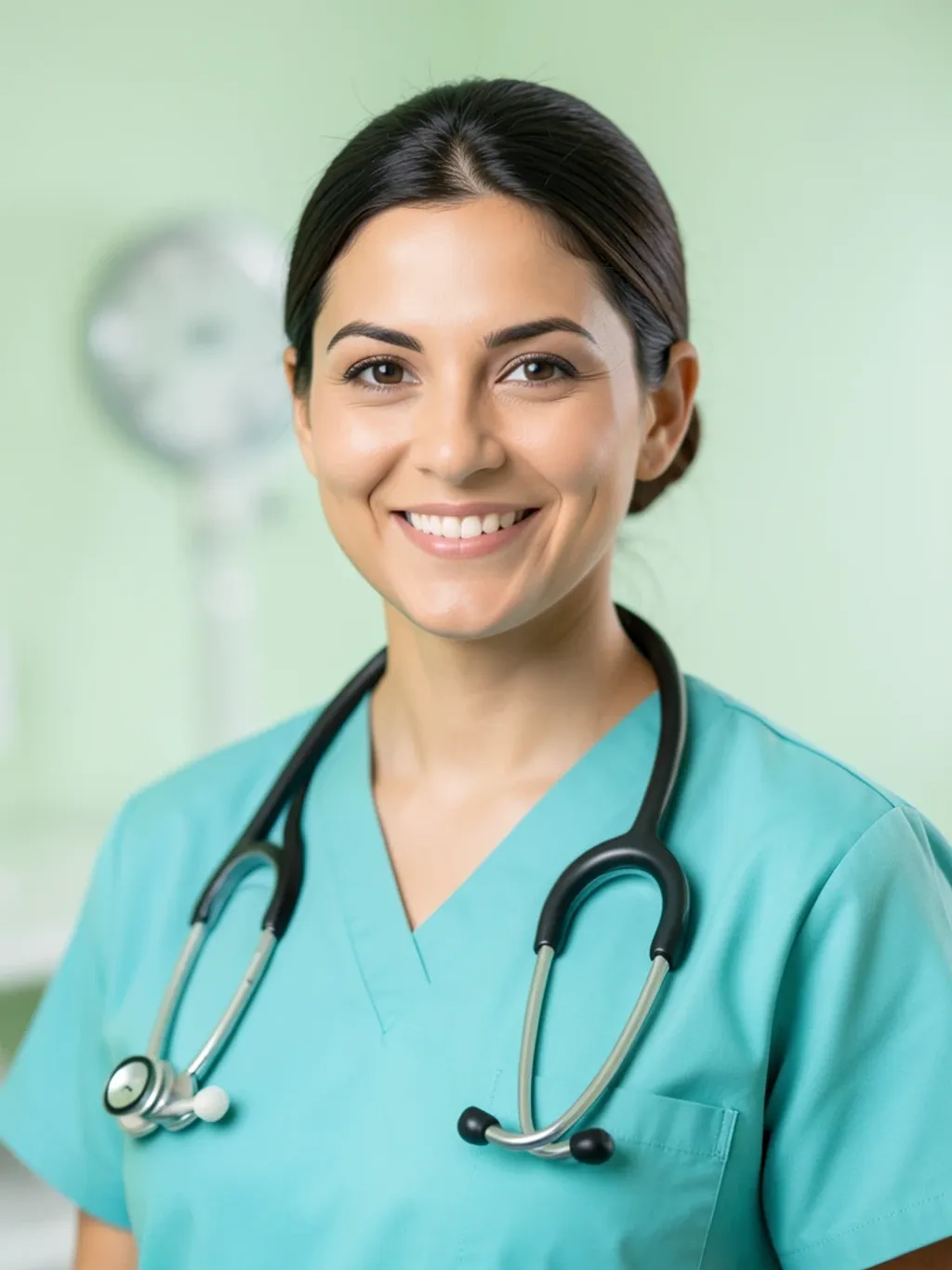 Photorealistic headshot of a smiling nurse in teal scrubs with a stethoscope on pale green