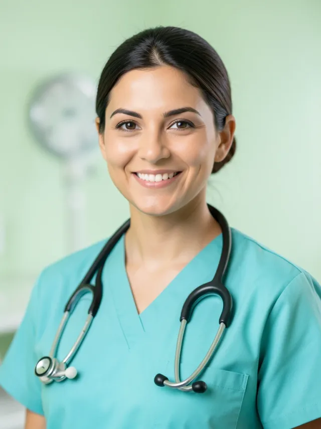 Photorealistic headshot of a smiling nurse in teal scrubs with a stethoscope on pale green