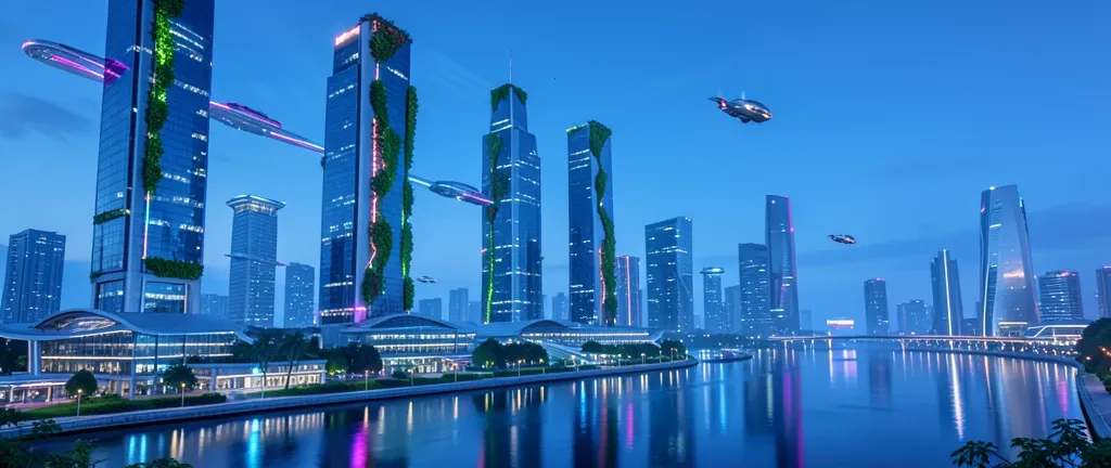 Futuristic city skyline at blue hour with glowing towers, flying vehicles, and neon river reflections