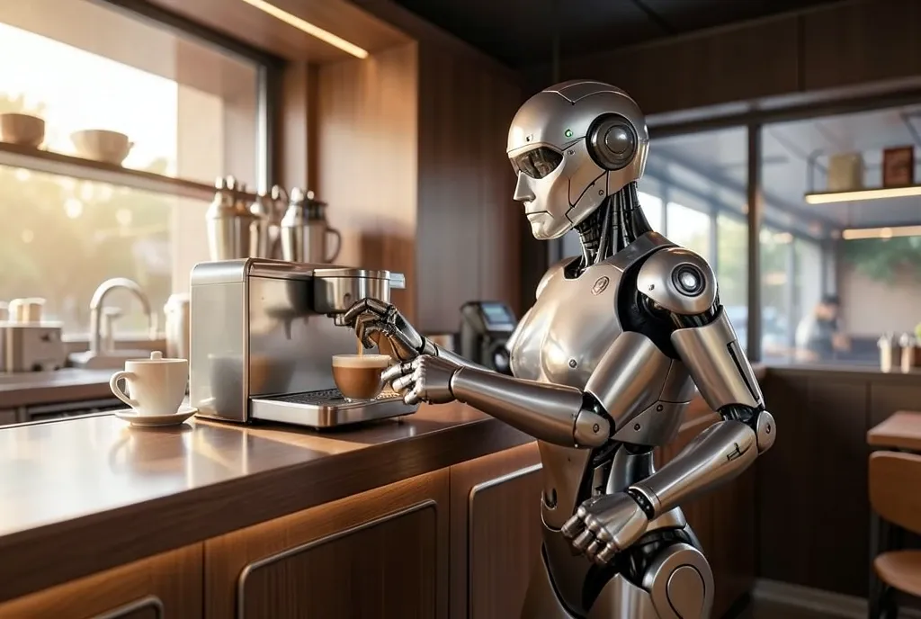 Sleek humanoid robot barista preparing a latte behind a modern espresso bar