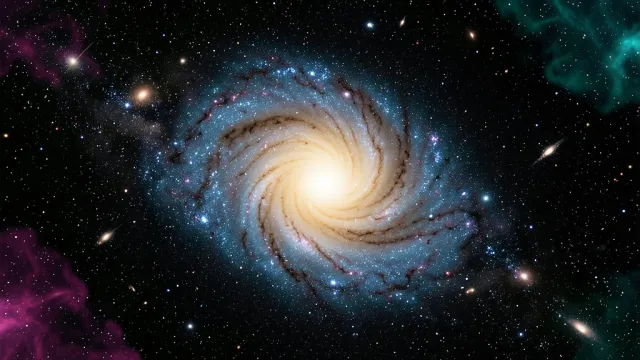 Face-on spiral galaxy with a glowing golden core and blue arms against a deep field of distant galaxies and stars