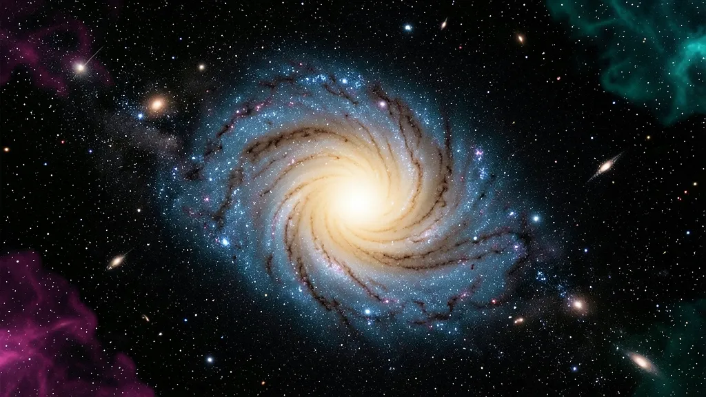 Face-on spiral galaxy with a glowing golden core and blue arms against a deep field of distant galaxies and stars