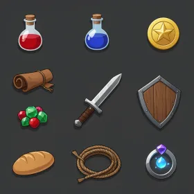 Game inventory icon set with potion flask coin scroll sword shield gem bread rope and ring on dark background
