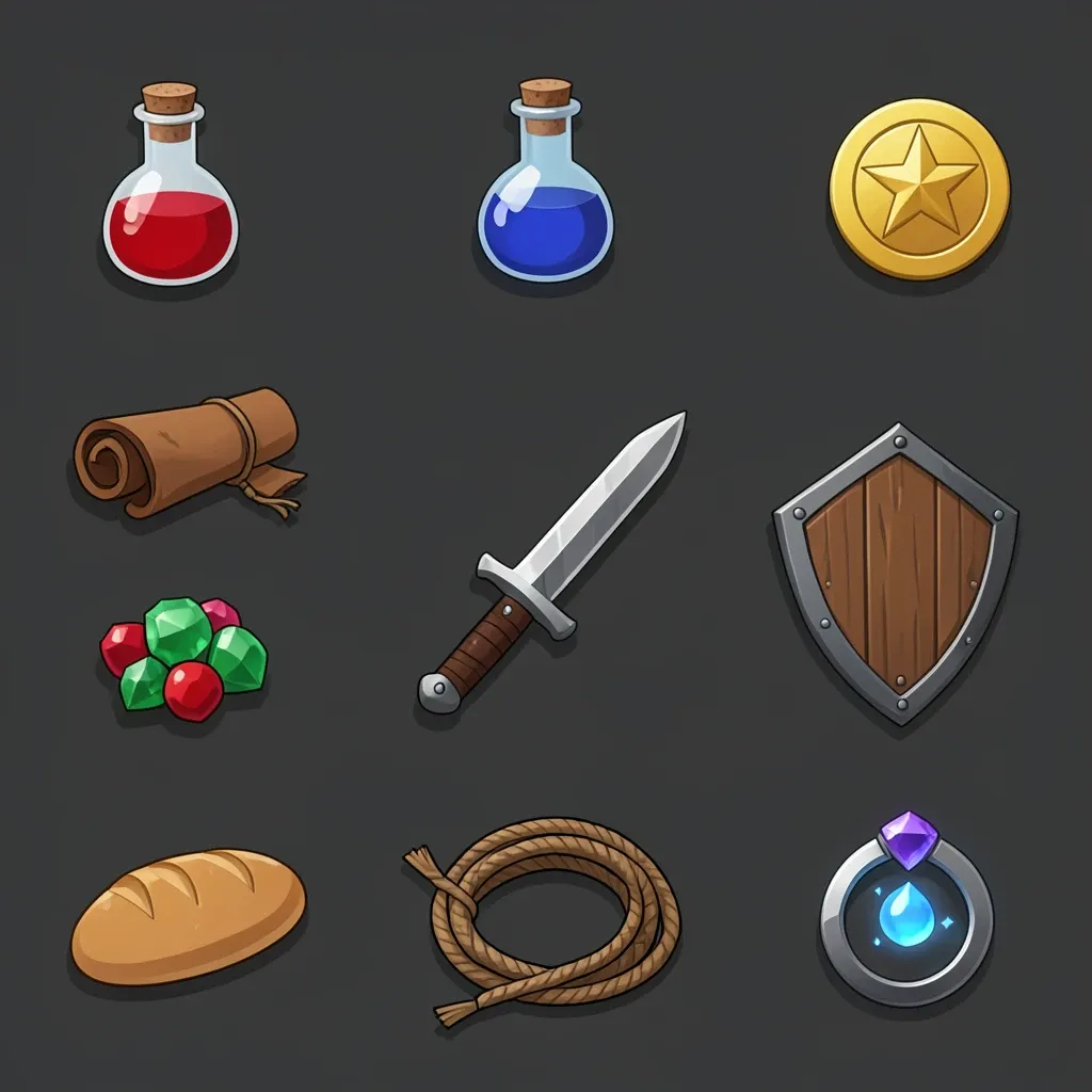 Game inventory icon set with potion flask coin scroll sword shield gem bread rope and ring on dark background
