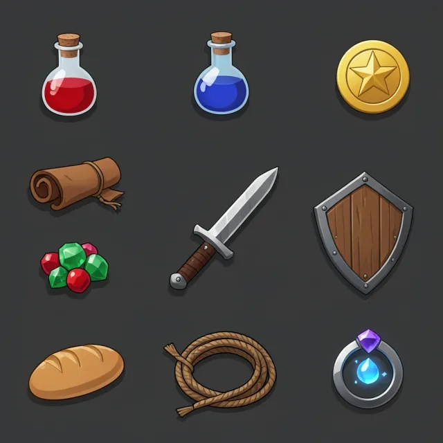 Game inventory icon set with potion flask coin scroll sword shield gem bread rope and ring on dark background