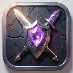 Gaming app icon with crossed sword and shield purple gemstone on dark stone in steel grey purple and amber