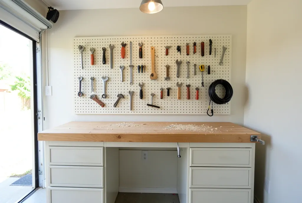 Garage workshop pegboard wall with tools in traced outlines above a maple bench and vice